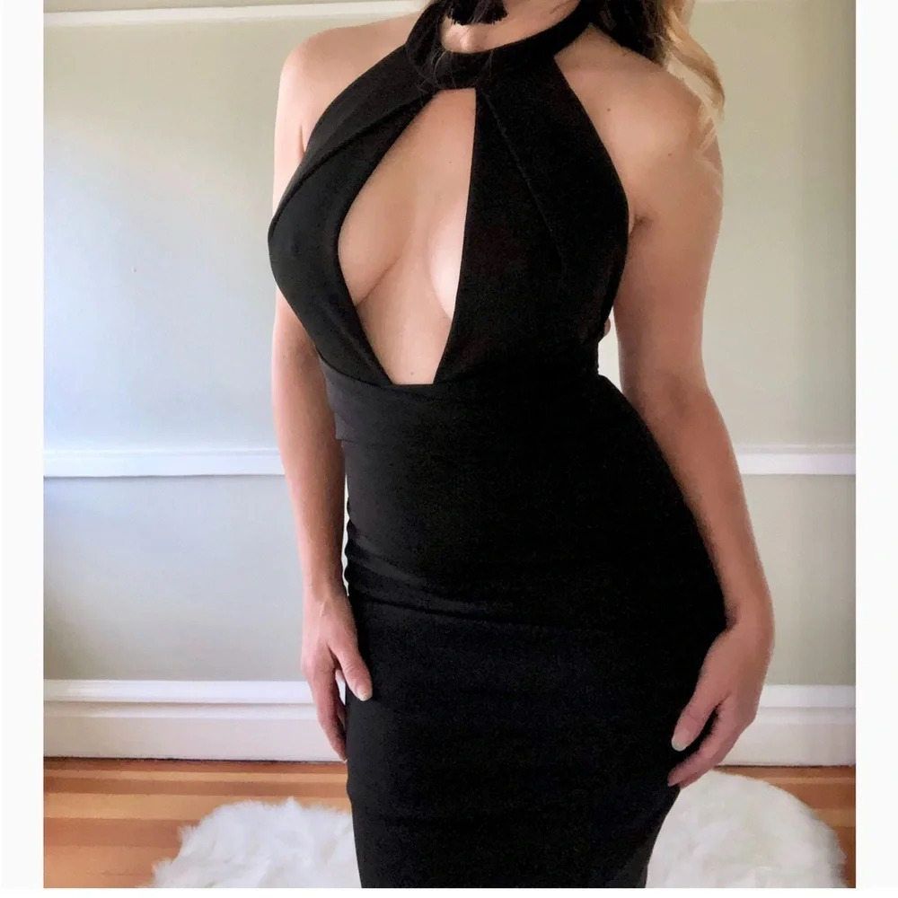 LBD Sexy Halter Backless Fitted Wiggle Cocktail Dress, Midi, Black, small